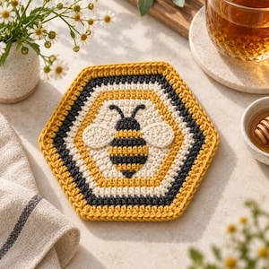 May include: A hexagonal crochet coaster featuring a central bee motif with black and yellow stripes and white wings. The coaster is bordered by concentric rings of yellow, white, and dark gray yarn, creating a honeycomb-inspired geometric pattern.