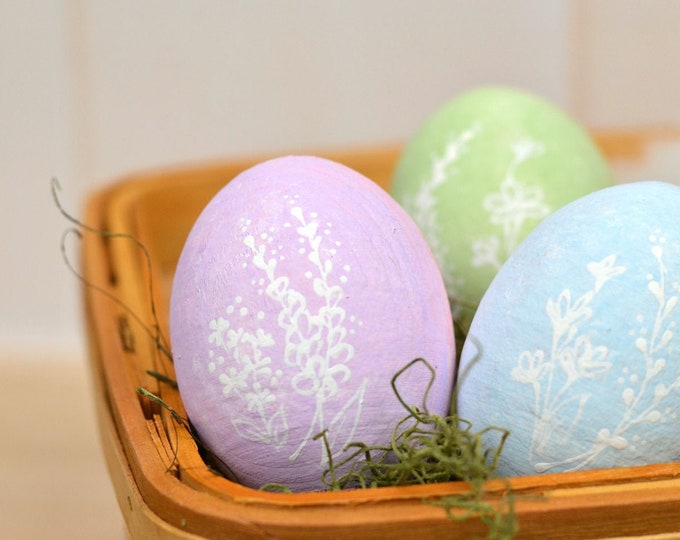Handpainted Pastel Wooden Eggs With White Flowers Etsy