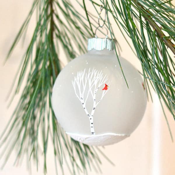 Christmas ornament hand painted Cardinal and birch trees