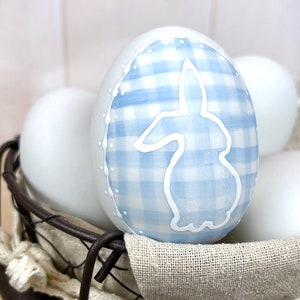 Blue easter bunny egg french knot girl gingham seersucker set