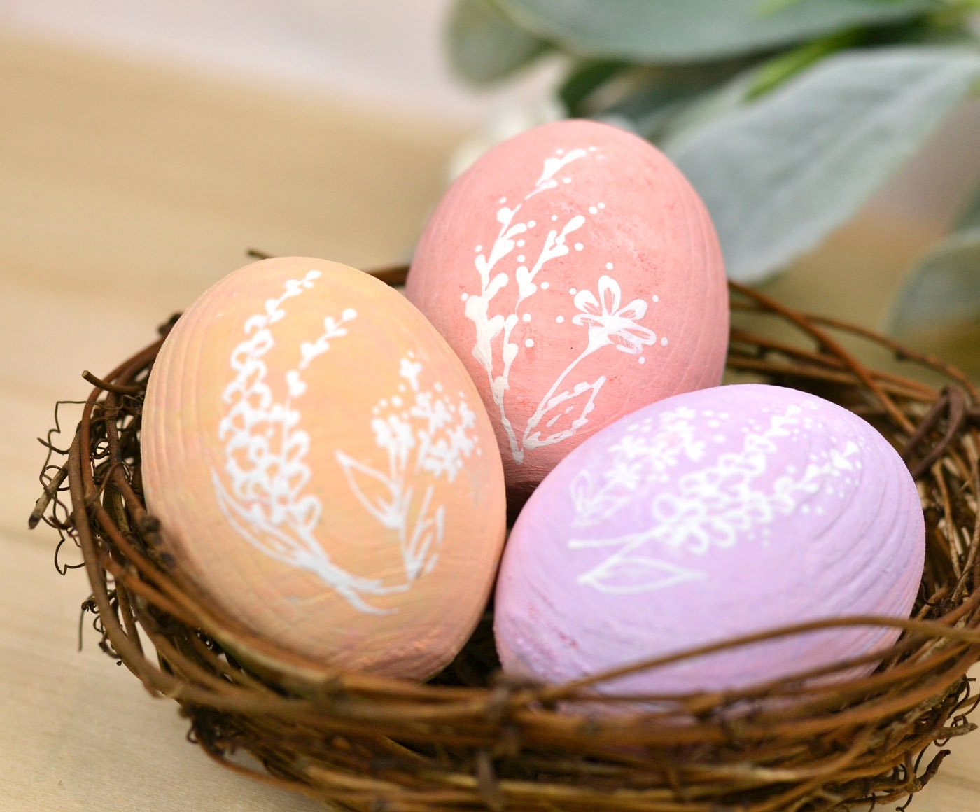 Handpainted Pastel Wooden Eggs with White Flowers Etsy