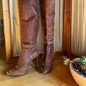 Jennifer Le Thigh High Studded Embossed Leather Stiletto Boots / EU Size 41 / US 9.5-10