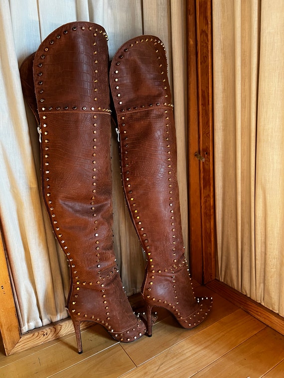 Jennifer Le Thigh High Leather Studded Boots Etsy