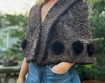 1950s Persian Lambswool Astrakhan Capelet with Pom Accents