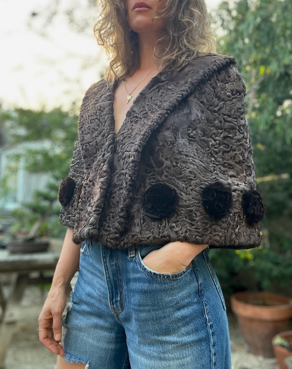 1950s Persian Lambswool Astrakhan Capelet with Pom Accents