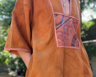 1970s Joan Lober for Santa Fe Suede Leather Tunic Dress - Hand Painted Leather Appliqué