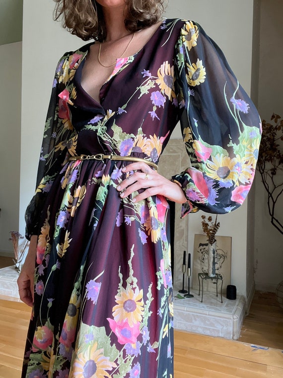 1960s Silk Chiffon Floral Maxi Dress