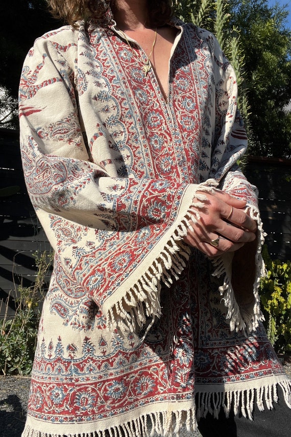 1970s Cotton Fringe Shirt with Exotic Birds