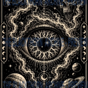 May include: A black and cream illustration featuring a large central eye surrounded by swirling cosmic clouds, planets, a skull, and celestial symbols. The text THE BLACKTHORN ARCHIVE PREVIEW is overlaid across the image in a repeating pattern.