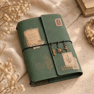 May include: A sage green journal featuring a black elastic band closure adorned with three bronze-toned charms: a statue, a sun, and a dancer. The cover is decorated with vintage-style paper labels, one reading Collect beautiful moments, and a fern print.