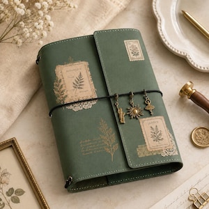 May include: A sage green journal cover featuring a black elastic band closure with three hanging metal charms: a Statue of Liberty, a sun, and a dancer. The cover is decorated with botanical-themed paper labels, including text reading BOTANIQUE and JARDIN.
