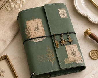 Personalized A5 Traveler Notebook Cover, Refillable Journal with Pockets, Pen Holder & Gold Foil Name, Vintage Planner Gift