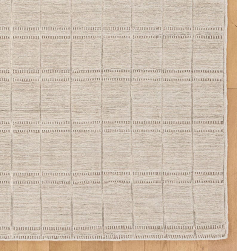 Rectangular Area Grid Modern Hand Knotted Rug, Ivory Neutral Grid Area Rug, Minimalist ...