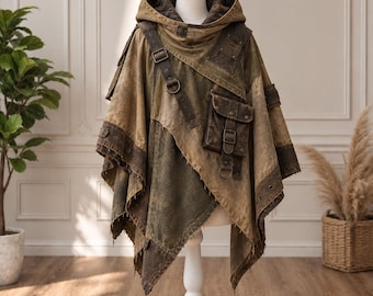 Wasteland Ranger Hooded Poncho, Postapokalyptisk Mantel, Sliten Canvas Cape, Taktisk Utility Poncho, LARP Cosplay Outfit