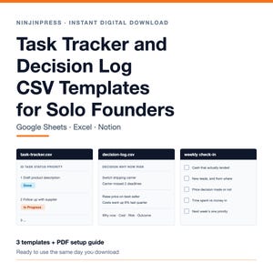 May include: A digital product display titled Task Tracker and Decision Log CSV Templates for Solo Founders, compatible with Google Sheets, Excel, and Notion. It features three distinct sections: task-tracker.csv, decision-log.csv, and weekly check-in.