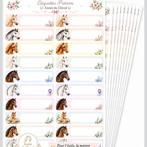 Peut inclure: Une planche d'étiquettes adhésives rectangulaires illustrées de chevaux de différentes robes et races, ornées de motifs floraux. Le texte indique Étiquettes Prénom, Année du Cheval, et Pour l'école, la maison et toutes les aventures !