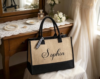 Custom  Name Burlap Tote Bag, Wedding Day Bride Tote, Wedding Welcome Gift Bag, Bridesmaid Gift, Rustic Wedding Keepsake