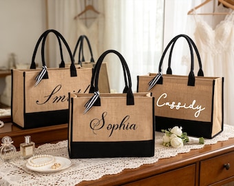 Personalized Jute Tote Bag , Custom Name Bridesmaid Gift Bag, Burlap Canvas Wedding Tote, Teacher Gift, Beach Bag