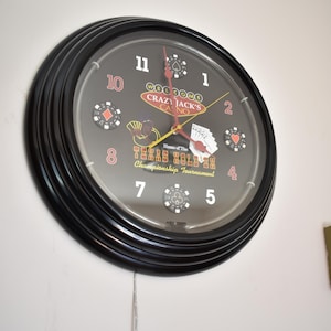Vintage Style Casino Neon Wall Clock, Texas Hold’em Poker Clock, Crazy Jack’s Casino Decor, Plug In Lighted Game Room Wall Clock