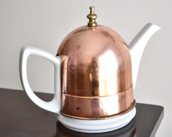 Vintage Copper and White Porcelain Teapot | Mid-Century Modern Kitchen Decor | Elegant Tea Server