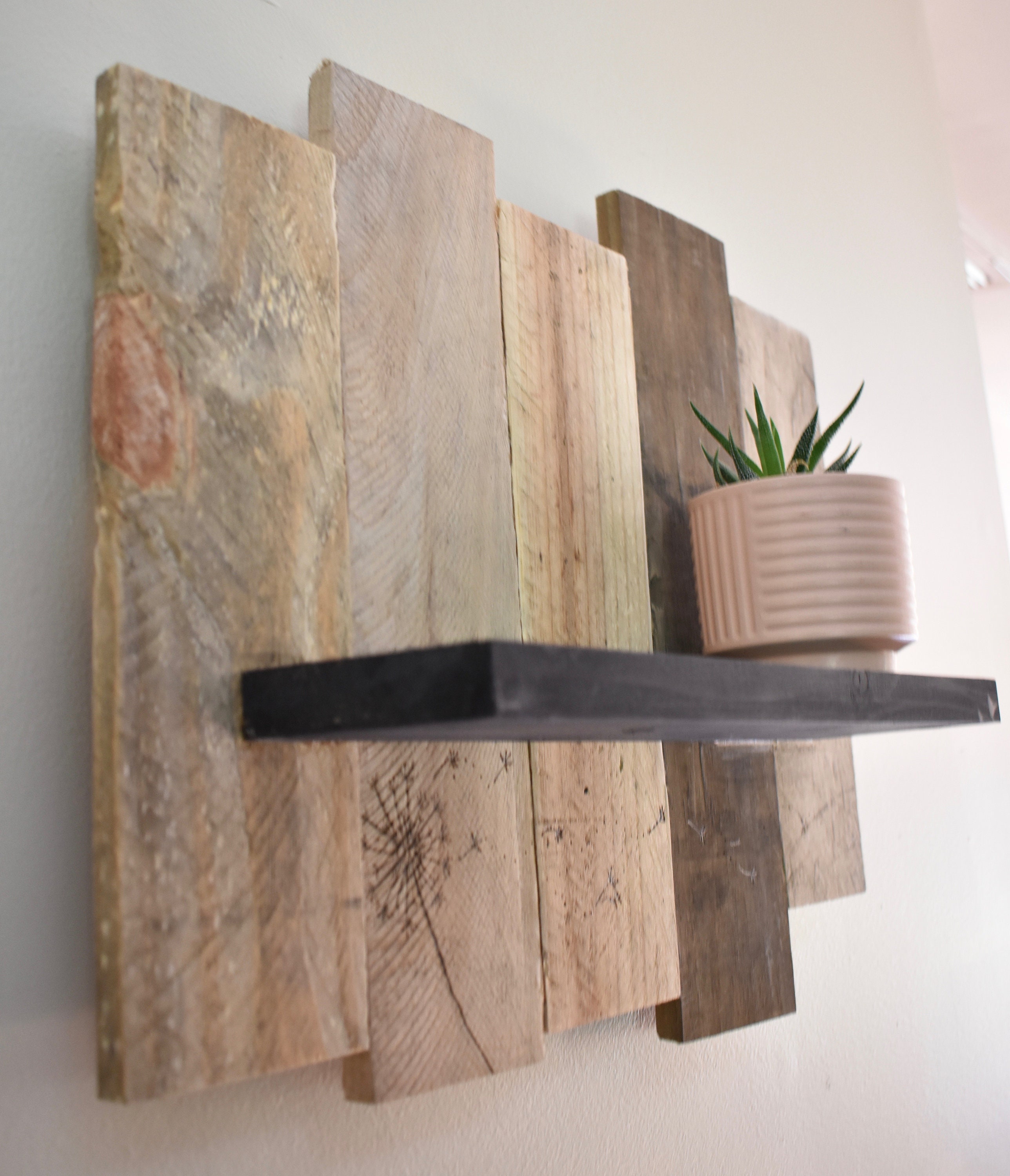 Image showcasing Rustic Reclaimed Wood Pallet Floating Shelf | Farmhouse Decor | Unique ...