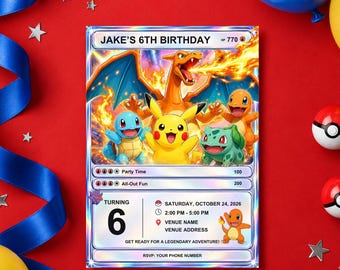 Editable Pokemon Birthday Invitation, Cute Creature Party Invite Kids Birthday Card, Personalized Canva Template Boy Girl