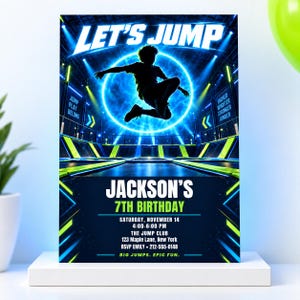 Trampoline Birthday Invitation, Glow Jump Party Invite, Kids Bounce House Printable, Boy Trampoline Park Card, Canva Template SZ18