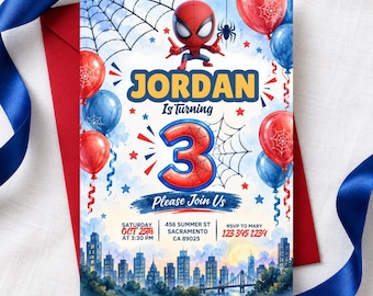 Invito di compleanno a tema supereroe Spider-Man, modello modificabile per feste a tema supereroi (download digitale)