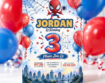 Invitación de cumpleaños de Spider-Man, plantilla editable para fiesta de superhéroes, invitación de cumpleaños infantil, descarga digital imprimible en Canva SZ42