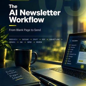 May include: A digital guide titled The AI Newsletter Workflow featuring a laptop displaying a checklist, a black mug, and a notebook with the text Better Content. Bigger Impact. The image includes the Belysian Media logo and Guide 05 Communicate.