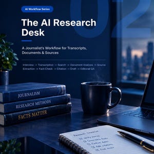 May include: A dark blue graphic featuring the text AI Workflow Series, The AI Research Desk, and A Journalist's Workflow for Transcripts, Documents & Sources. It shows a stack of books labeled Journalism, Research Methods, and Facts Matter.