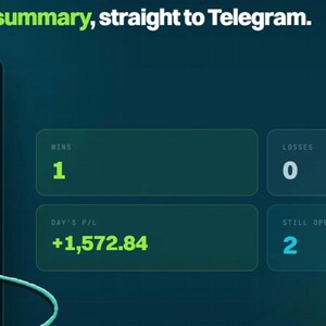Op de afbeelding: Een smartphonescherm toont een Telegram-interface met een lijst van beurshandel, waaronder AON, LII, META, MSI en TFC. De tekst luidt: An end-of-day summary, straight to Telegram. Dashboardvakken tonen Wins: 1, Losses: 0, Day's P/L: +1572,84 en Still Open: 2.
