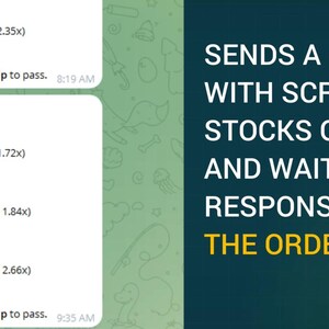 Op de afbeelding: Een digitale interface met beursgegevens, tickersymbolen zoals NHPC.NS, OKE, ROST en TGT, inclusief koersniveaus, stop-loss en doelwaarden. De tekst rechts luidt: SENDS A MESSAGE WITH SCREENED STOCKS ON TELEGRAM AND WAITS FOR RESPONSE TO PLACE THE ORDER.