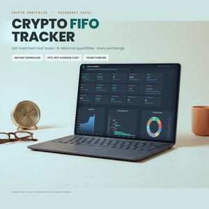 May include: A laptop displaying a Crypto FIFO Tracker dashboard with dark mode charts, graphs, and financial data. Text includes Crypto Portfolio, Microsoft Excel, Crypto FIFO Tracker, Lot-matched cost basis, 8-decimal quantities, Every exchange, Instant Download, FIFO, Not Average Cost, Yours Forever.