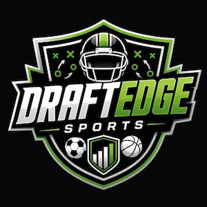 May include: A black, white, and lime green sports logo featuring a football helmet, a soccer ball, a basketball, and a bar graph inside a shield. The text DRAFTEDGE SPORTS is displayed in bold, stylized lettering across the center of the emblem.