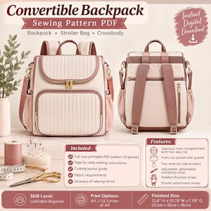 Peut inclure: Un patron de couture numérique pour un sac à dos convertible, sac de poussette et sac bandoulière. L'image montre le sac fini en rose clair et mauve avec des détails matelassés, ainsi que des outils de couture, les fichiers inclus et les caractéristiques.