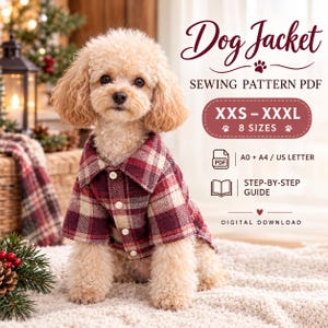 Może przedstawiać: Cyfrowy wykroj krawiecki na kurtkę dla psa z czerwoną i beżową koszulą w kratę. Tekst zawiera Dog Jacket, SEWING PATTERN PDF, XXS-XXXL, 8 SIZES, A0 + A4 / US LETTER, STEP-BY-STEP GUIDE oraz DIGITAL DOWNLOAD.