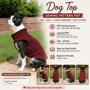 Pode incluir: Um molde de costura PDF digital para um suéter de lã para cães, com um design de gola alta bordô e um anel em D. O documento inclui instruções para tamanhos XXS a XXXL, arquivos A4, US Letter e A0, com uma margem de costura de 1cm.