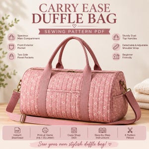 Può includere: Un cartamodello PDF per una borsa da viaggio trapuntata rosa con stampa floreale, intitolata Carry Ease Duffle Bag. Include uno spazioso scomparto principale, una tasca esterna frontale, due tasche laterali, doppi manici robusti e una tracolla regolabile.