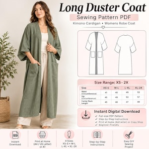 May include: A long sage green duster coat sewing pattern PDF featuring a kimono cardigan style with two front pockets. The image includes a technical line drawing, a size chart ranging from XS to 2X, and text indicating an instant digital download.
