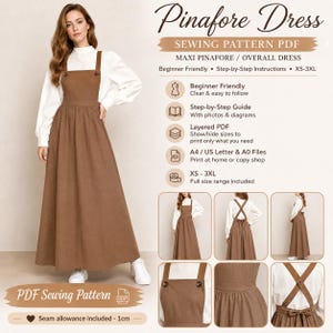 May include: A brown maxi pinafore overall dress sewing pattern PDF. The design features a full-length skirt, wide shoulder straps with buttons, and a tie-back waist. Includes text details for beginner-friendly instructions, XS-3XL sizing, and a 1cm seam allowance.