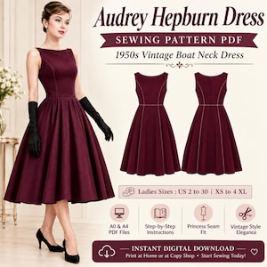 Puede incluir: Un patrón de costura digital para un vestido sin mangas con cuello barco en color burdeos. La imagen muestra el vestido en una modelo y en dibujos técnicos, con texto que incluye "Audrey Hepburn Dress" y "Ladies Sizes: US 2 to 30".