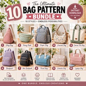 10 Taschen-Schnittmuster-Set (PDF) | Taschen-Schnittmuster-Kollektion | Tragetasche, Rucksack, Umhängetasche, Gürteltasche | Druckbare PDF-Schnittmuster | Sofort verfügbar