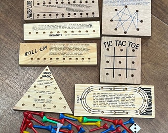 Seven vintage wooden peg games - vintage cottage games