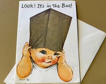 Charlot Byj greeting card - get well card for child- Fold-up card. Look! It's in the Bag! Your recovery! New old stock. Unused card.