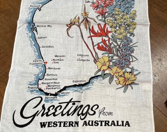 Vintage linen tea towel of Western Australia with map and flowers - new old stock