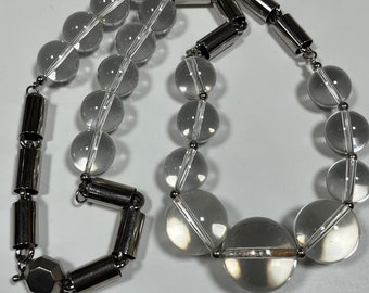 Vintage Lucite and silver tone necklace - clear Lucite beads - chunky 1970s necklace