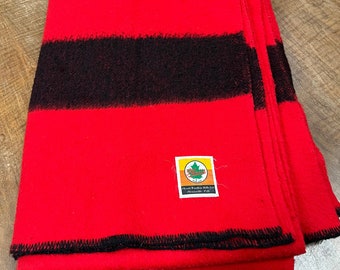 Vintage red and black stripe wool blanket by Plessis Woollen Mills, Plessisville, Quebec, Canada