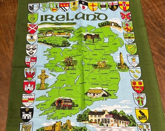 Vintage Ireland map tea towel - souvenir of Ireland with coats of arms - new old stock