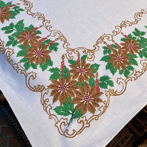 Nappe de Noël vintage avec poinsettias dorés - Nappe de Noël des années 60 - Noël vintage